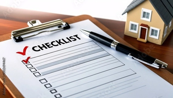 Fototapeta Organized Checklist Close-Up of a Marked List on a Clipboard with Pen and Model House in Background