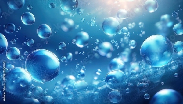 Fototapeta 透明な青い水の泡が浮かぶ構図で、エーテル的な背景が軽やかさと爽やかさを感じさせ、泡の透明感を引き立てる光と反射が特徴。

