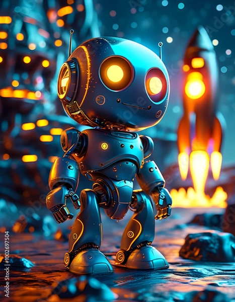 Fototapeta A futuristic, blue robot with glowing eyes stands on a rocky surface, a rocket ship launching behind him
