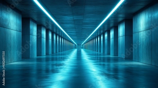 Obraz A long, narrow hallway with blue lights shining down on the floor