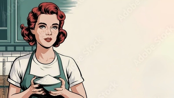 Fototapeta Retro pop art style illustration of a woman with red hair and freckles holding a bowl in a kitchen setting. Baking or cooking concept with copy space for design, advertising, or print projects.