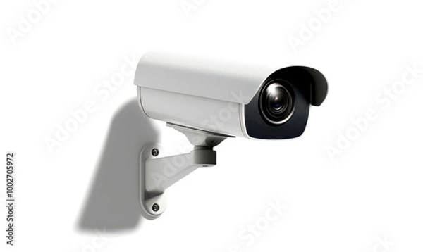 Fototapeta Security camera mounted on a wall, angled downwards, with a black lens, isolate on white background