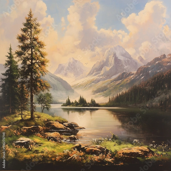 Fototapeta A landscape with lake, sky, mountain
