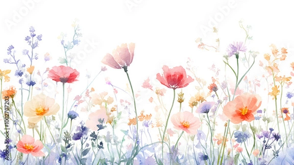 Fototapeta Floral horizontal seamless borders with watercolor meadow wildflowers, wild herbs, red clover, chamomile, buttercup, poppy for botanical and rustic projects, wedding invitations, clothing, textiles
