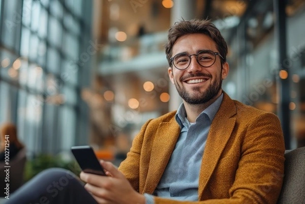 Fototapeta smiling young businessman talking with his smartphone sitting on bank in hall office building during his work day. business concept, Generative AI