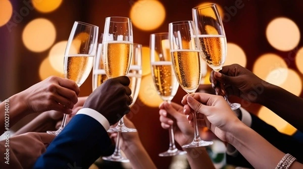 Fototapeta Celebratory Image of Diverse Group Raising Glasses in a Toast, Filled with Golden Sparkling Beverage Against a Blurred Background of Warm Bokeh Lights, Capturing Joy and Camaraderie
