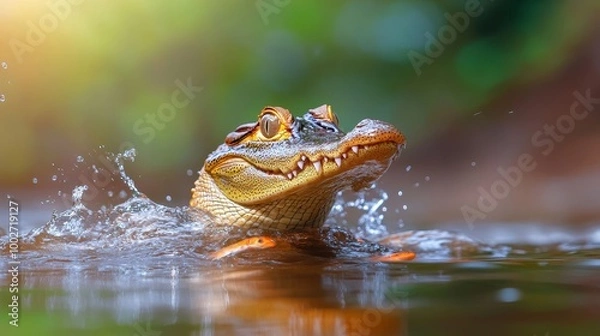 Obraz A caiman snapping at fish near the riverbank, water splashing around