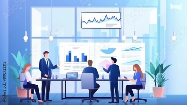 Fototapeta Professionals in a formal meeting setting, engaged in a lively discussion with charts and graphs displayed on screens in a modern conference room.