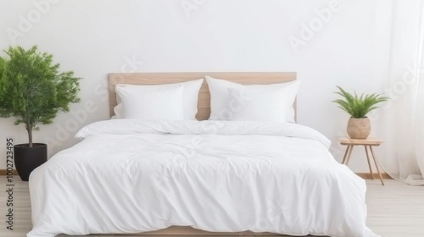 Fototapeta A neatly made bed with pristine white sheets and soft pillows promises comfort and relaxation in a serene bedroom setting.