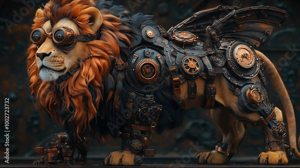 Fototapeta A majestic lion in a steampunk outfit with bronze goggles, a top hat, and mechanical wings. Its mane is interwoven with copper gears and cogs.