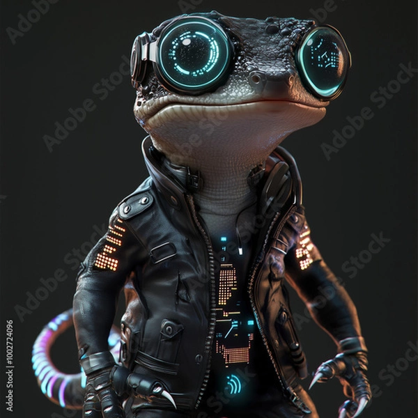Fototapeta A slick cyberpunk gecko wearing a black leather jacket adorned with neon circuit patterns. It has a robotic tail with LED lights and mechanical claws.