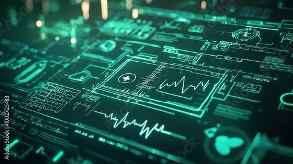 Fototapeta Cutting Edge Digital Circuit Board with Pulsing Green Energy