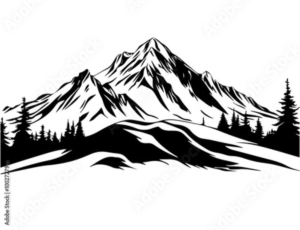 Obraz black and white mountain range with trees wall art, symbolic landscapes stencil art outdoor scenes vector illustration