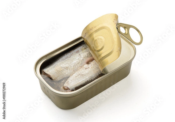 Obraz Tin canned fish sardines in oil isolated on white