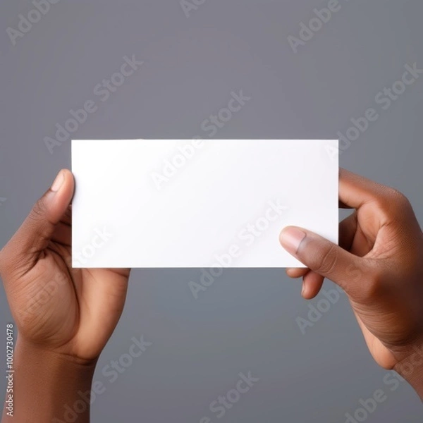 Fototapeta Two hands hold a blank card against a neutral background, offering a sense of potential and clean minimalism.