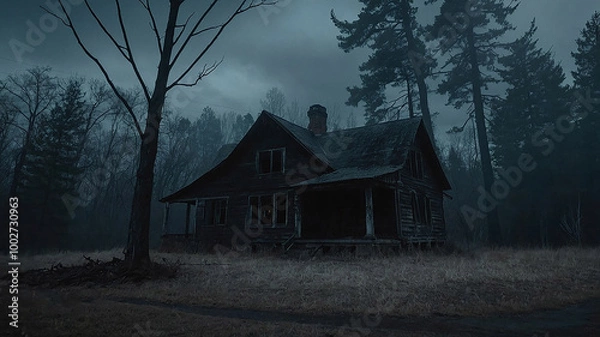 Fototapeta Dark and moody scene of an abandoned property, eerie and creepy haunted house in a foggy forest. Perfect for horror themes and mysterious atmosphere for halloween theme card