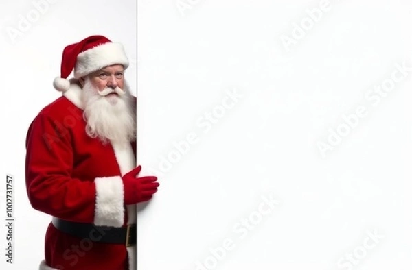Fototapeta Charismatic Santa Claus peeks out from behind a large empty white board and smiles at the camera, pointing to your advertisement with his hand. Place for text