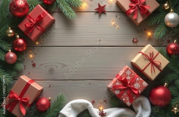 Obraz Modern festive spirit. Top view shot showcasing ribbon-wrapped presents, opulent baubles, reindeer and snowflake details, golden sequins against green background with space for personalized wishes