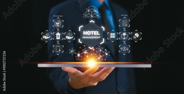 Fototapeta Hotel service management system concept. Digital network business investment technology. Businessman use Property Management System, PMS cloud solution icon. Apartment hospitality software