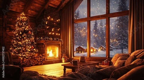 Fototapeta 8k, hyper-realistic photo of a cozy, dimly lit, two-story wooden family room with high ceilings on Christmas night, softly illuminated by the flickering 