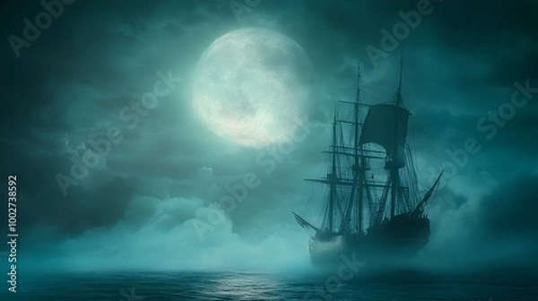 Fototapeta Ghostly silhouette of a ship emerging from the thick mist over the Bermuda Triangle under a hauntingly beautiful moonlit sky creating an eerie and mysterious atmosphere of adventure and the unknown