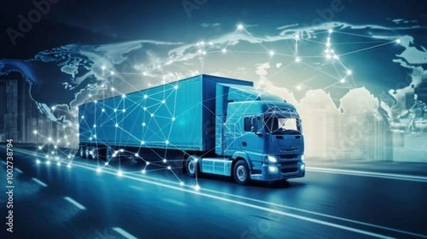 Fototapeta A futuristic truck drives along a digital highway with a global network map, symbolizing modern logistics and international connectivity.