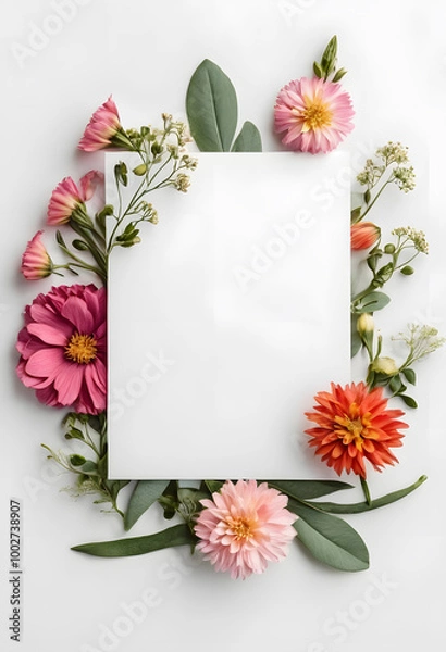 Fototapeta A blank white card surrounded by a vibrant arrangement of flowers. The flowers create a colorful border around the card, ideal for invitations or greeting cards.