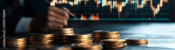Obraz Close-up of hands analyzing coins with trading charts in the background.