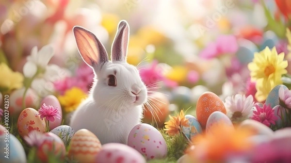 Fototapeta Joyful Easter Day scene featuring a playful bunny surrounded by bright colorful flowers and decorated Easter eggs bringing a sense of holiday cheer and