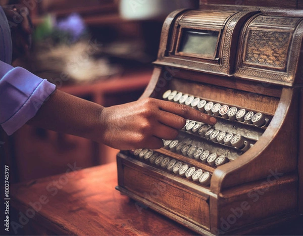 Obraz Close em mãos manuseando uma caixa registradora vintage, em um comércio. Conceito de economia local. Pequeno comércio.