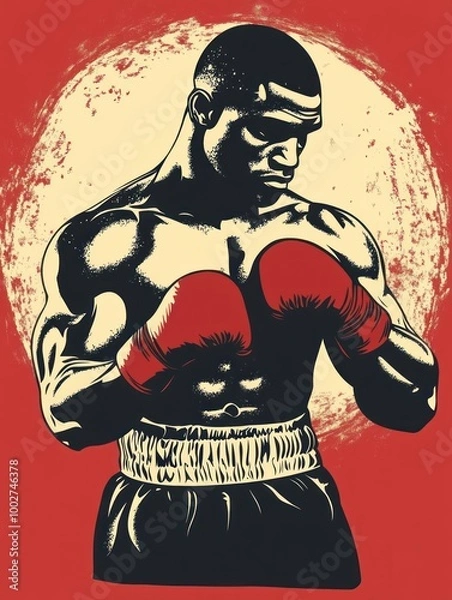 Fototapeta A powerful boxer stands in the ring, ready for a fight.  He is wearing red gloves and a white belt.