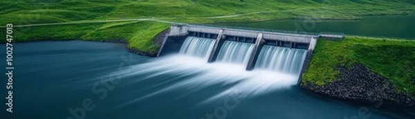 Fototapeta A stunning view of a dam surrounded by lush greenery and flowing water under a clear blue sky.