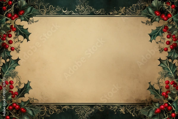 Obraz Christmas card with holly border and pine branch wreath, perfect for holiday celebrations ,Generated By Ai