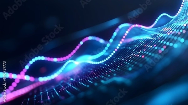 Fototapeta Vibrant Glowing Digital Waves and Particles in Abstract Futuristic Background