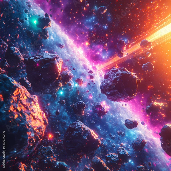 Fototapeta spacescape art: Asteroid Field in a Synthwave Style: A Spacescape Art Piece