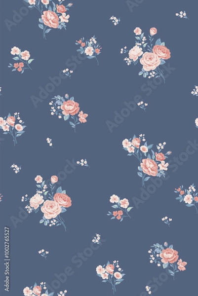Fototapeta Seamless spring vector pattern with floral roses motif for dress fabric