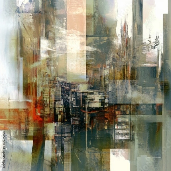 Fototapeta Abstract cityscape with overlapping transparent layers, urban textures, and muted colors 
