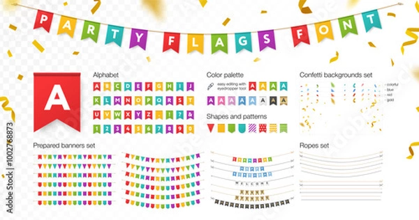 Fototapeta Realistic party paper flag font, banner, gold confetti, ropes set. Fun event celebration bunting mockup, Happy Birthday garland, Carnival concept. Transparent isolate background. Vector design element