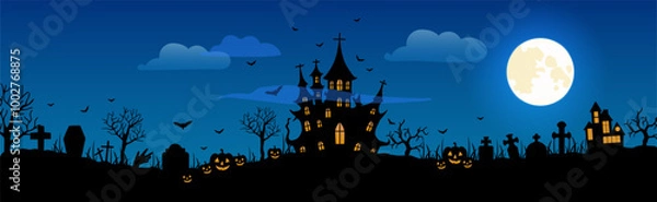 Obraz Happy Halloween. City panorama in halloween style. Scary halloween isolated background.Vector illustration.