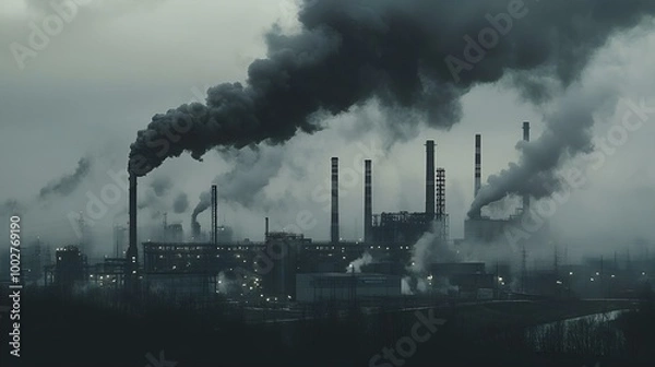 Obraz Industrial smog billows from factory chimneys, polluting the air and contributing to global warming