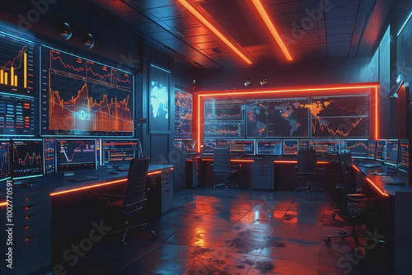 Fototapeta A room full of computer screens displaying complex financial analysis and real-time stock charts.