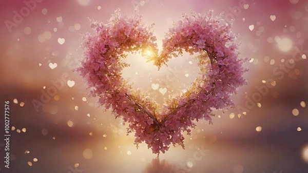 Fototapeta An ethereal, glowing abstract painting symbolizing a life centered on the heart, radiating warmth and peace amidst a blurred bokeh background.