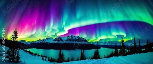 Obraz aurora borealis over alpine forest lake background