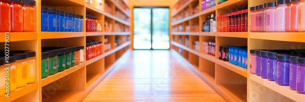 Fototapeta Aisle of colorful jars on shelves in a store
