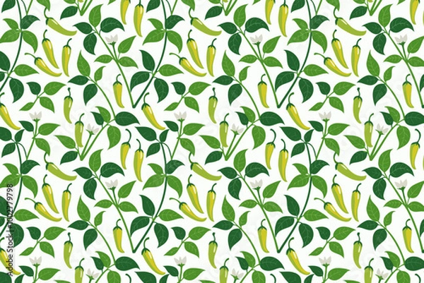 Fototapeta Seamless pattern with chili pepper and leaves. Vector illustration.