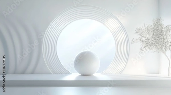 Fototapeta A white ball is sitting on a white pedestal in front of a window Mockup of a product