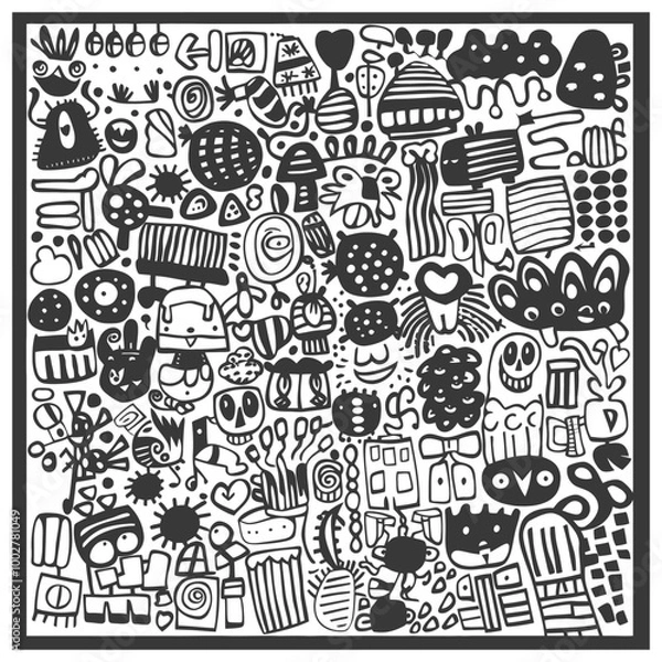 Fototapeta A Black and White Doodle of Abstract Shapes and Creatures
