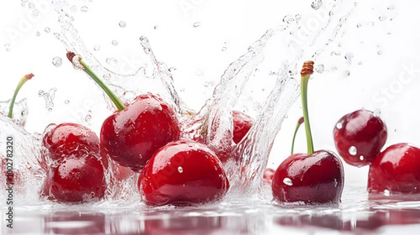 Fototapeta Fresh Red Cherries Splashing into Water on a White Background