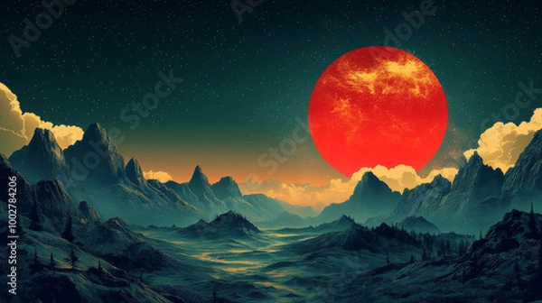 Fototapeta A large red sun sets over a mountain range.