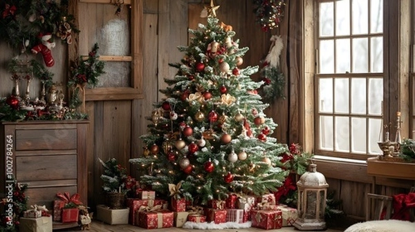 Fototapeta Vintage Christmas tree scene with classic ornaments old fashioned a rustic setting evoking holiday nostalgia and the warm cozy atmosphere of a cabin or cottage during the winter season